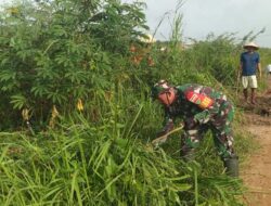 Babinsa Koramil 426-03 Rawajitu Terjun Langsung Gotong Royong Pembersihan Saluran Air Kiri dan Kanan Jalan